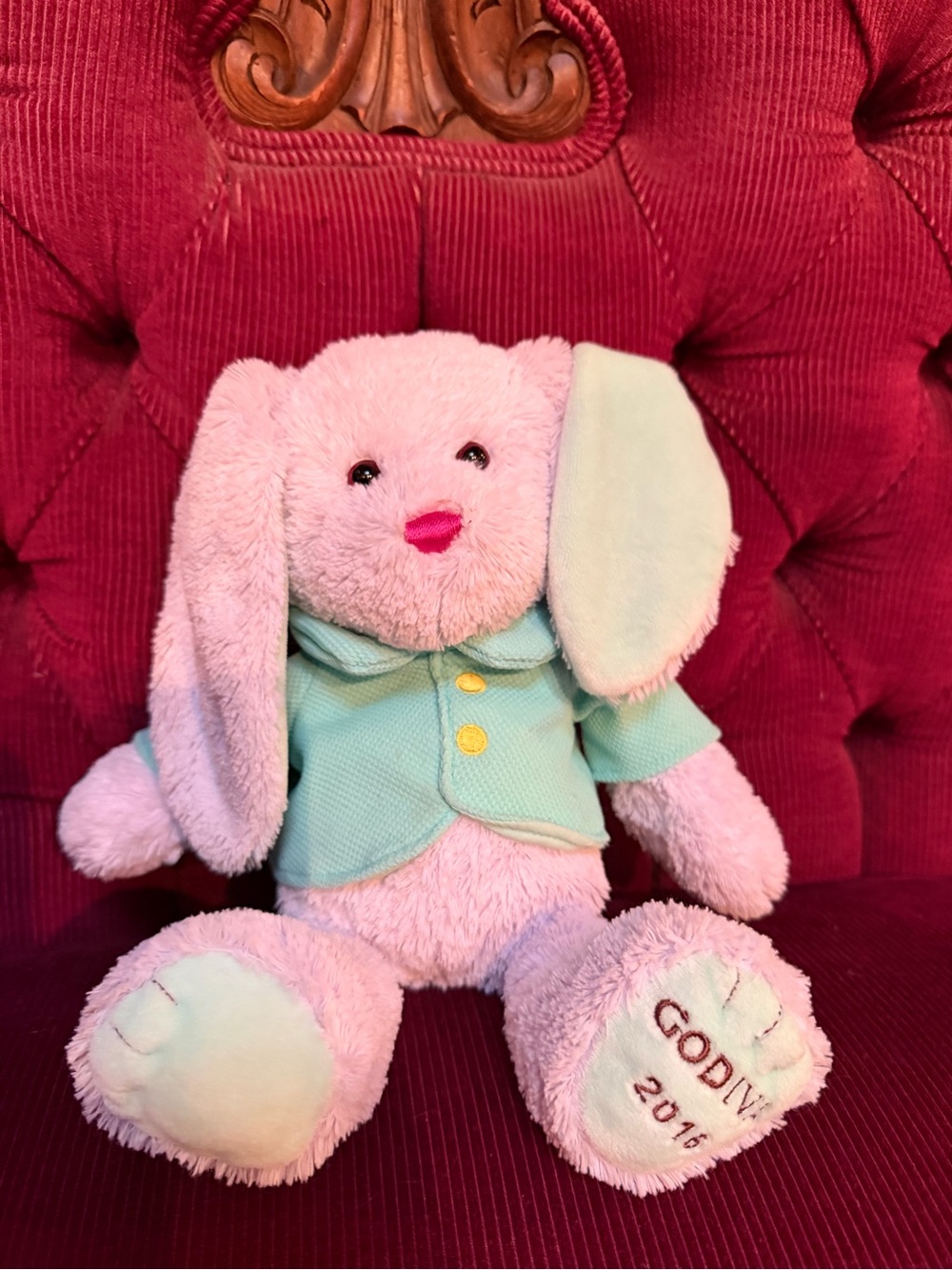 Godiva Pink Bunny Plush Toy with Mint Jacket